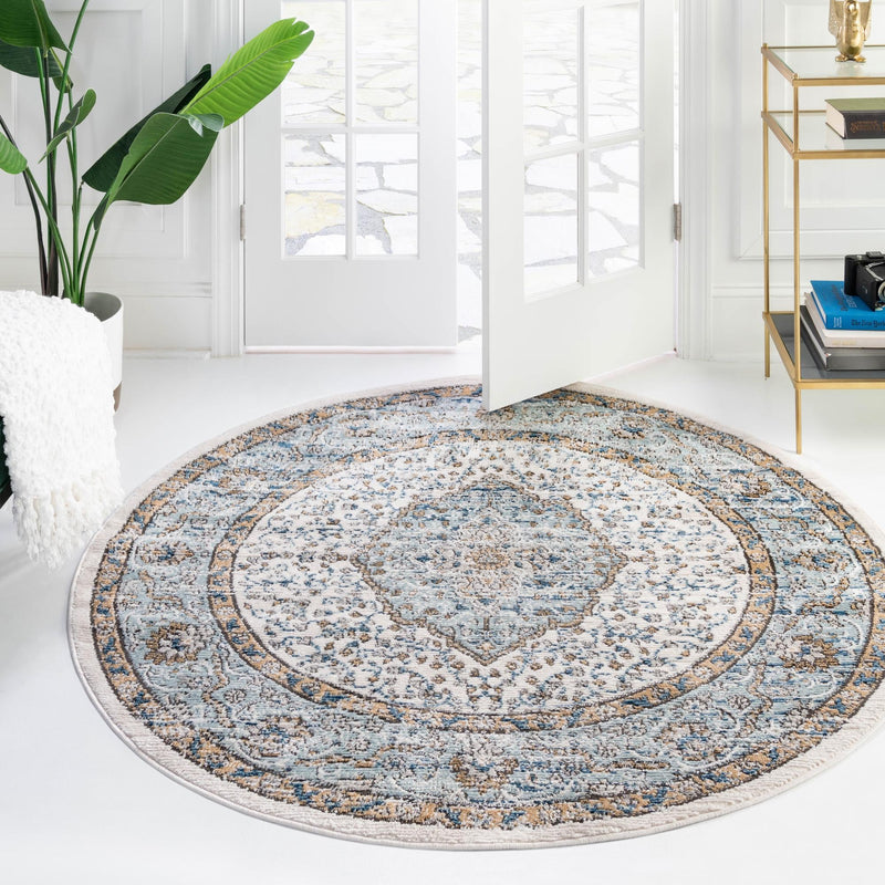 Mykonos Manor Collection Area Rug - Delos Round Blue  lifestyle 113