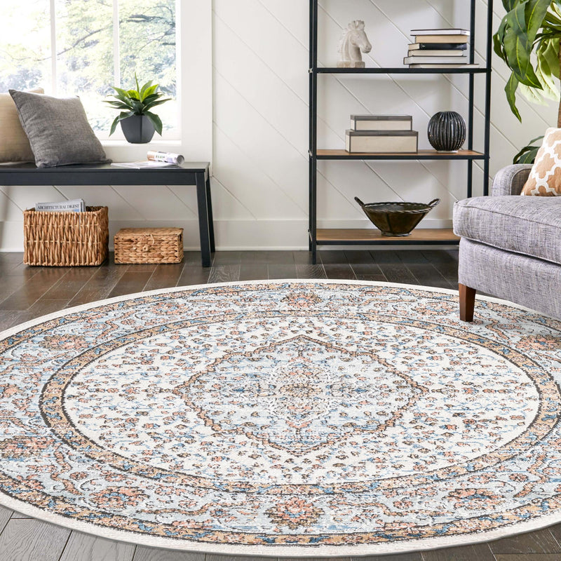 Mykonos Manor Collection Area Rug - Delos Round Ivory  lifestyle 123