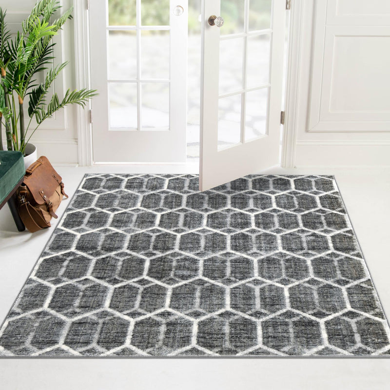 Garden Maze Retreat Collection Area Rug - Hedgegrove Square Grey  lifestyle 174