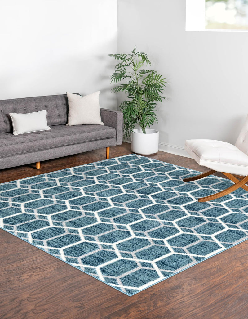 Garden Maze Retreat Collection Area Rug - Hedgegrove Square Blue  lifestyle 93