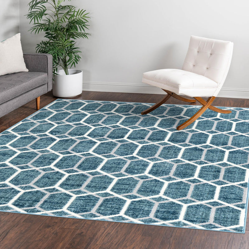 Garden Maze Retreat Collection Area Rug - Hedgegrove Square Blue  lifestyle 203