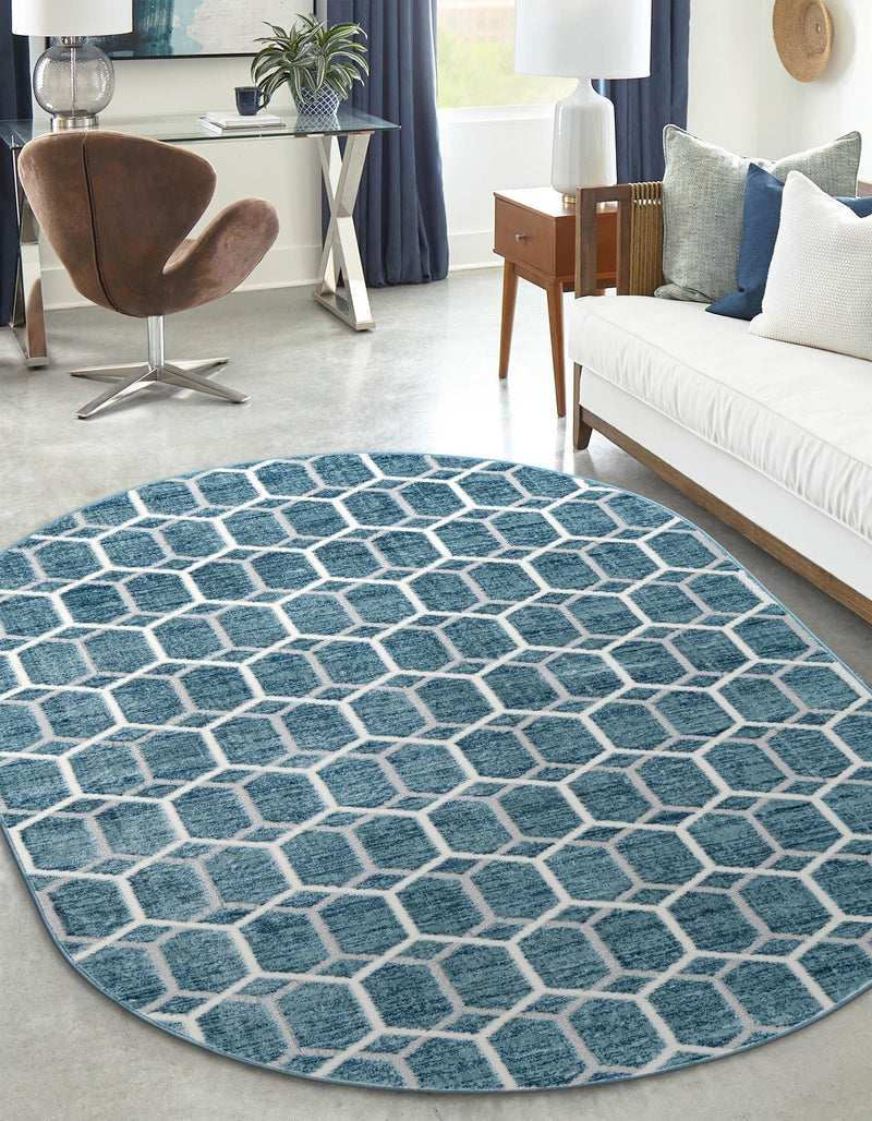 Garden Maze Retreat Collection Area Rug - Hedgegrove Oval Blue  lifestyle 78