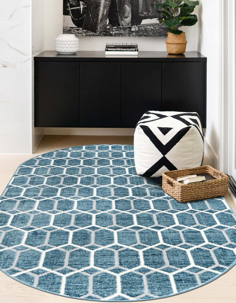 Garden Maze Retreat Collection Area Rug - Hedgegrove Oval Blue  lifestyle 94