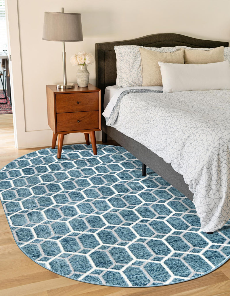 Garden Maze Retreat Collection Area Rug - Hedgegrove Oval Blue  lifestyle 134