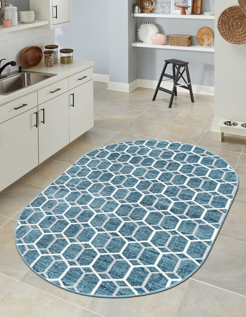 Garden Maze Retreat Collection Area Rug - Hedgegrove Oval Blue  lifestyle 154