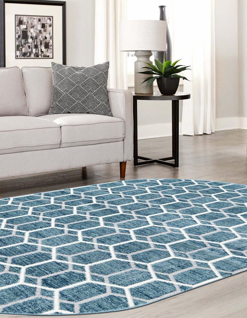 Garden Maze Retreat Collection Area Rug - Hedgegrove Oval Blue  lifestyle 164