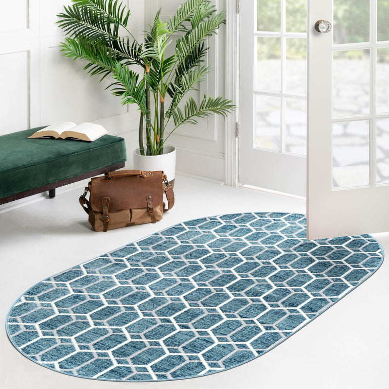 Garden Maze Retreat Collection Area Rug - Hedgegrove Oval Blue  lifestyle 213