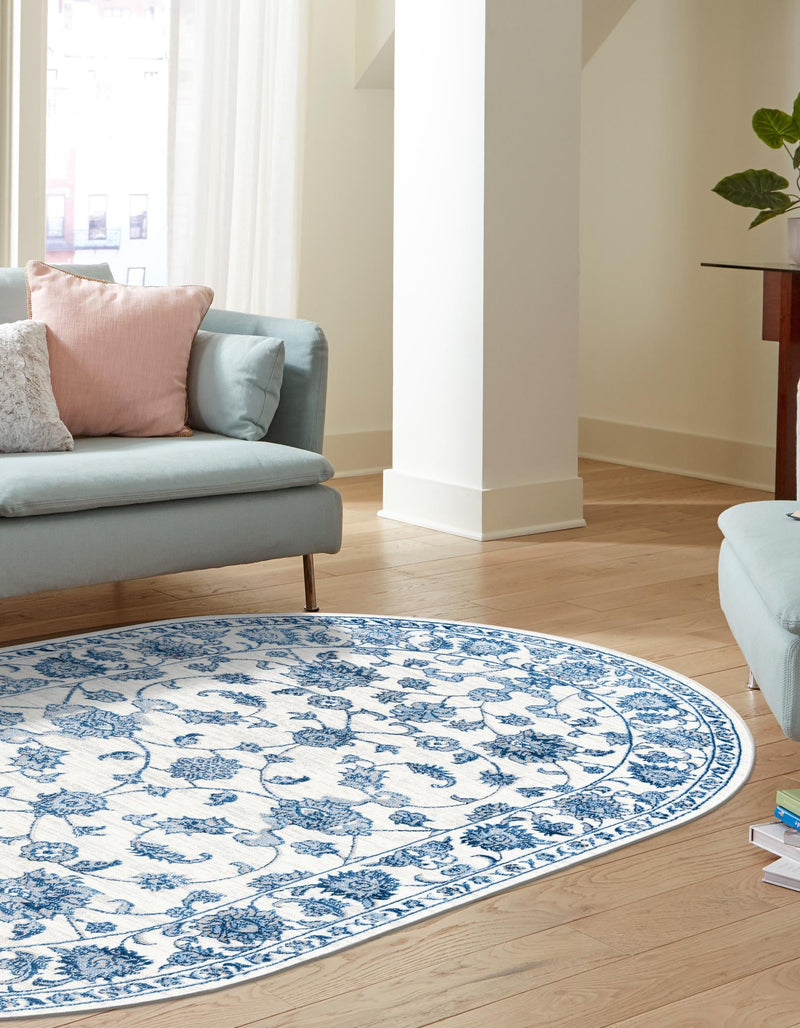 Charleston Elegance Collection Area Rug -  Seaport (White Blue) Oval White Blue  lifestyle 30