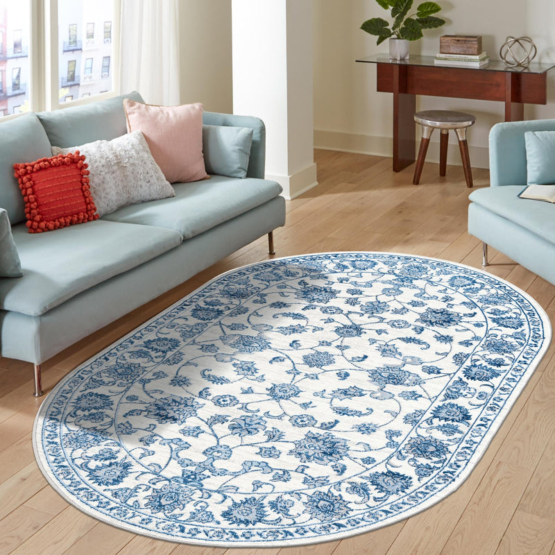 Charleston Elegance Collection Area Rug -  Seaport (White Blue) Oval White Blue  lifestyle 86