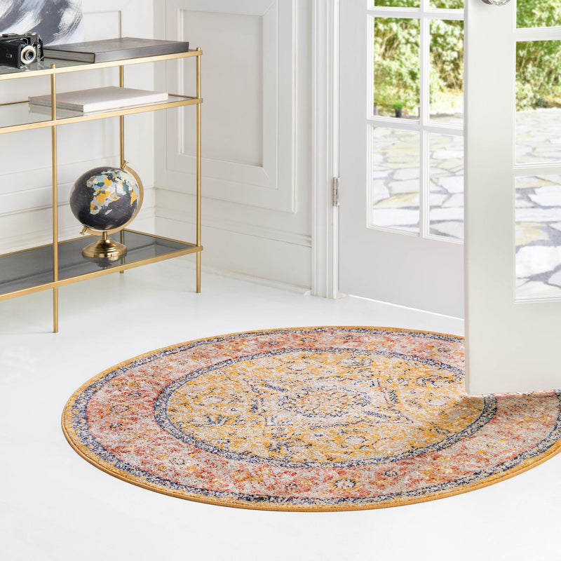 Seville Stripes Collection Area Rug - Cadiz (Yellow) Round Yellow  lifestyle 70