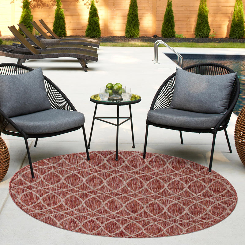 Garden Lattice Oasis Collection Area Rug -  Pavilion (Rust Red) Round Rust Red  lifestyle 14