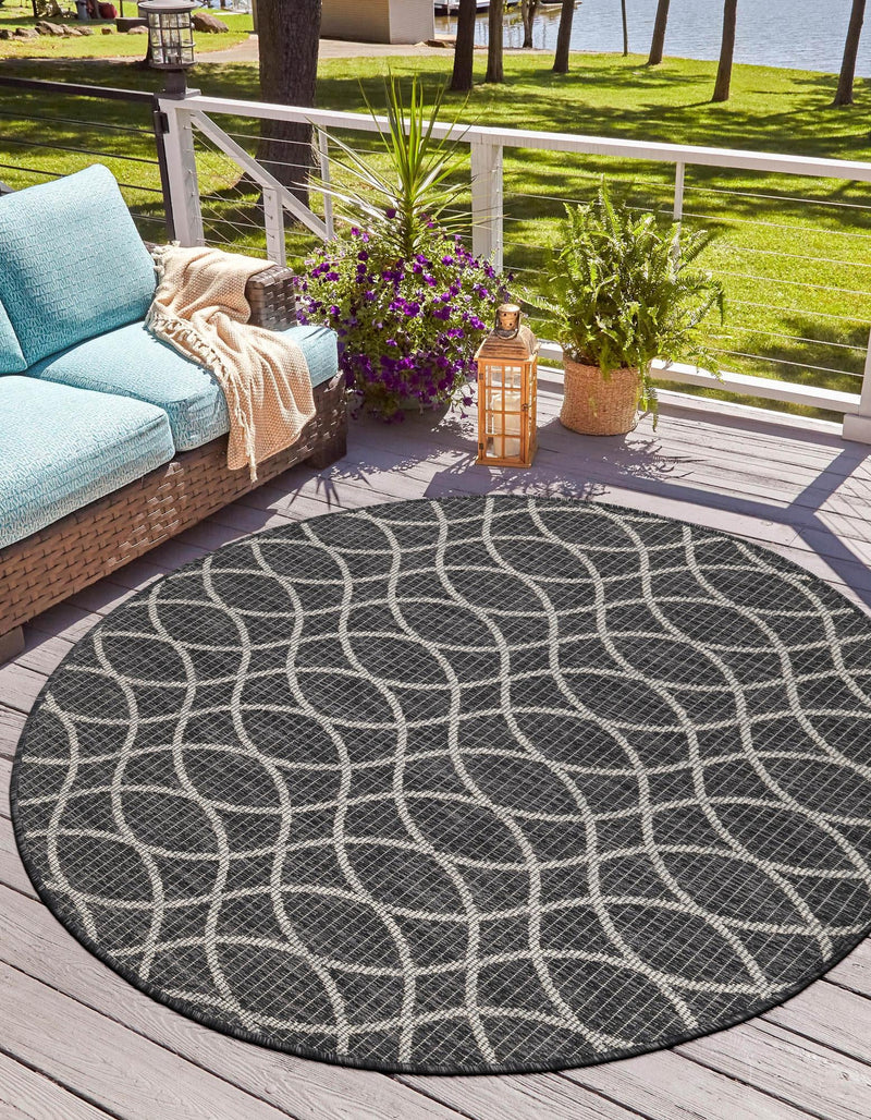 Garden Lattice Oasis Collection Area Rug -  Pavilion (Charcoal) Round Charcoal  lifestyle 36