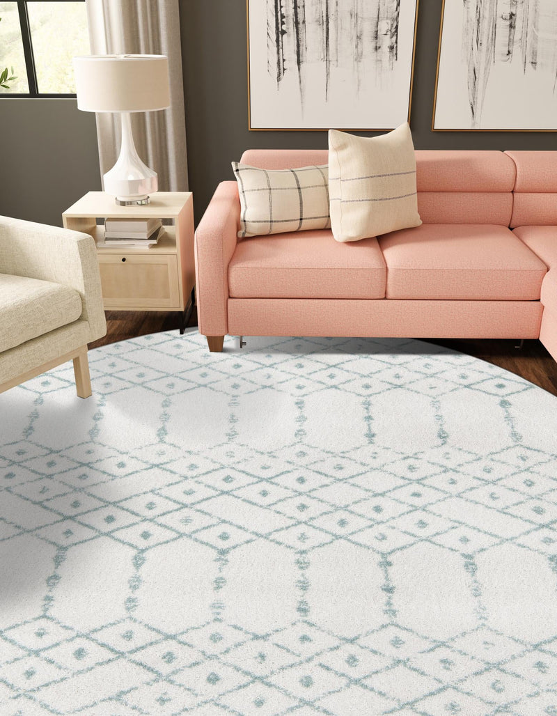 Marrakesh Lattice Collection Area Rug - Casablanca (Ivory Aqua) Round Ivory Aqua  lifestyle 50