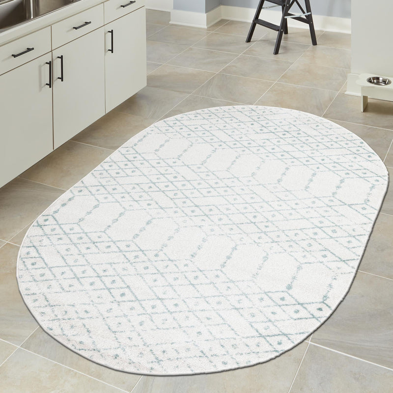 Marrakesh Lattice Collection Area Rug - Casablanca (Ivory Aqua) Oval Ivory Aqua  lifestyle 109