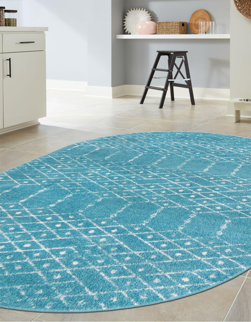 Marrakesh Lattice Collection Area Rug - Casablanca (Teal blue) Oval Teal blue  lifestyle 47