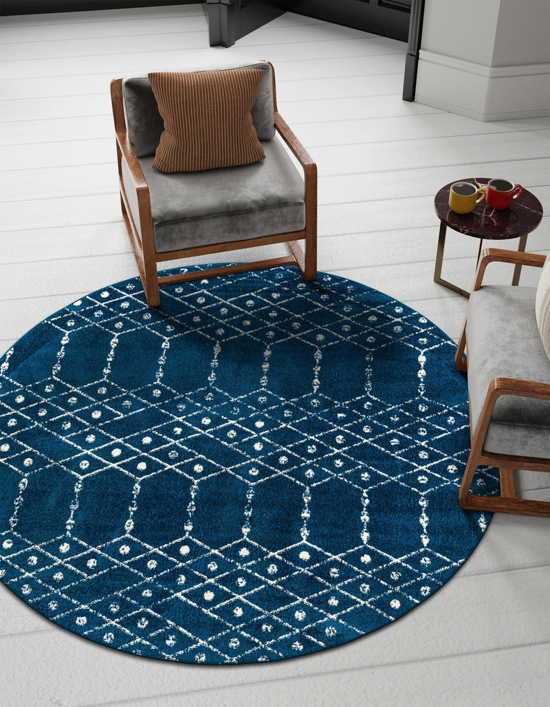 Marrakesh Lattice Collection Area Rug - Casablanca (Navy Blue) Round Navy Blue  lifestyle 44