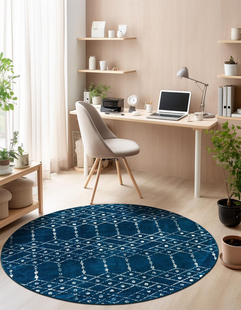 Marrakesh Lattice Collection Area Rug - Casablanca (Navy Blue) Round Navy Blue  lifestyle 53