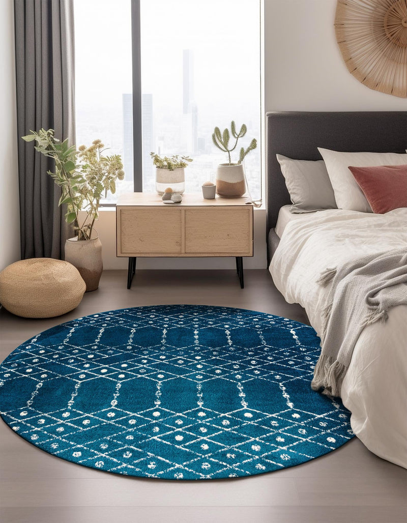 Marrakesh Lattice Collection Area Rug - Casablanca (Navy Blue) Round Navy Blue  lifestyle 56