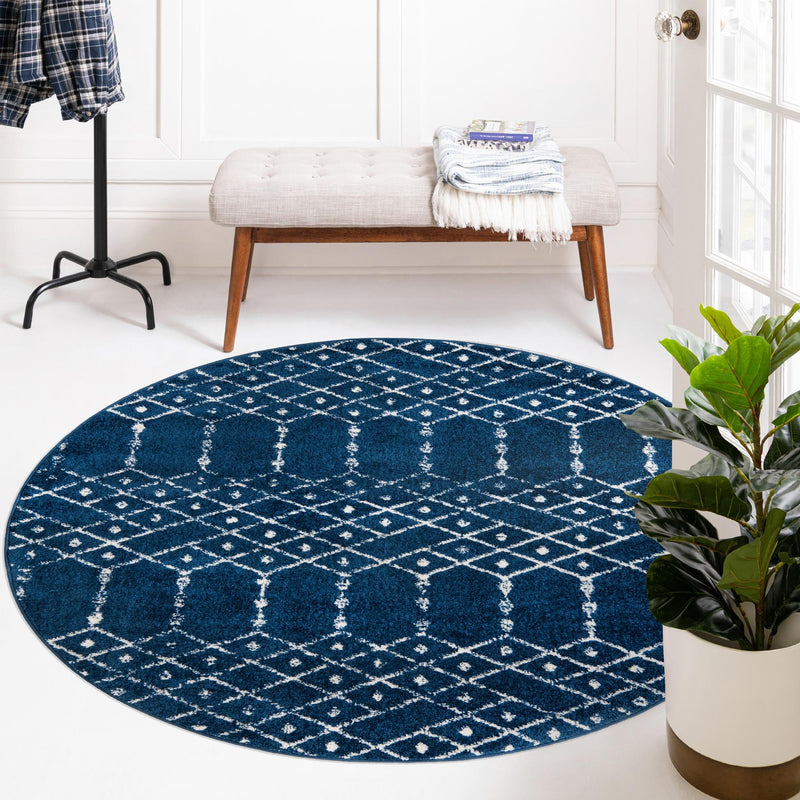 Marrakesh Lattice Collection Area Rug - Casablanca (Navy Blue) Round Navy Blue  lifestyle 105