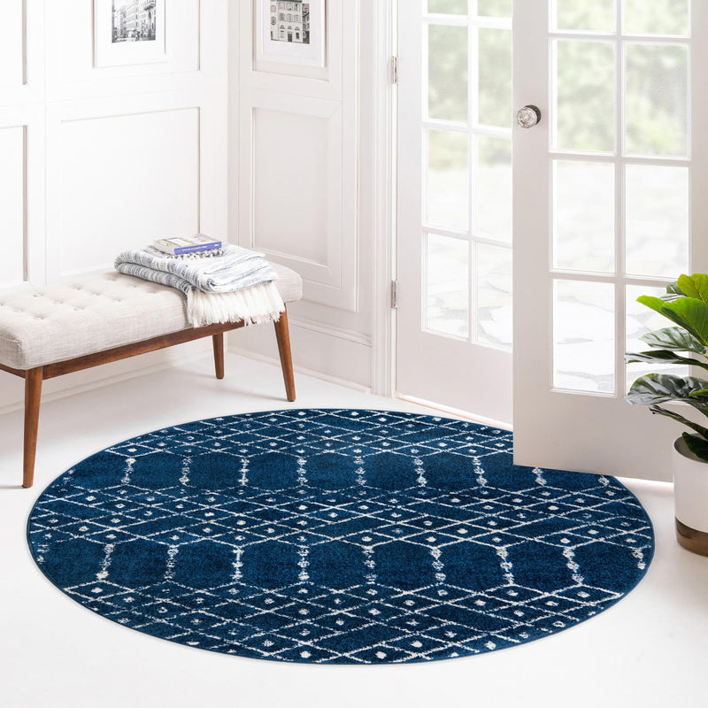 Marrakesh Lattice Collection Area Rug - Casablanca (Navy Blue) Round Navy Blue  lifestyle 110