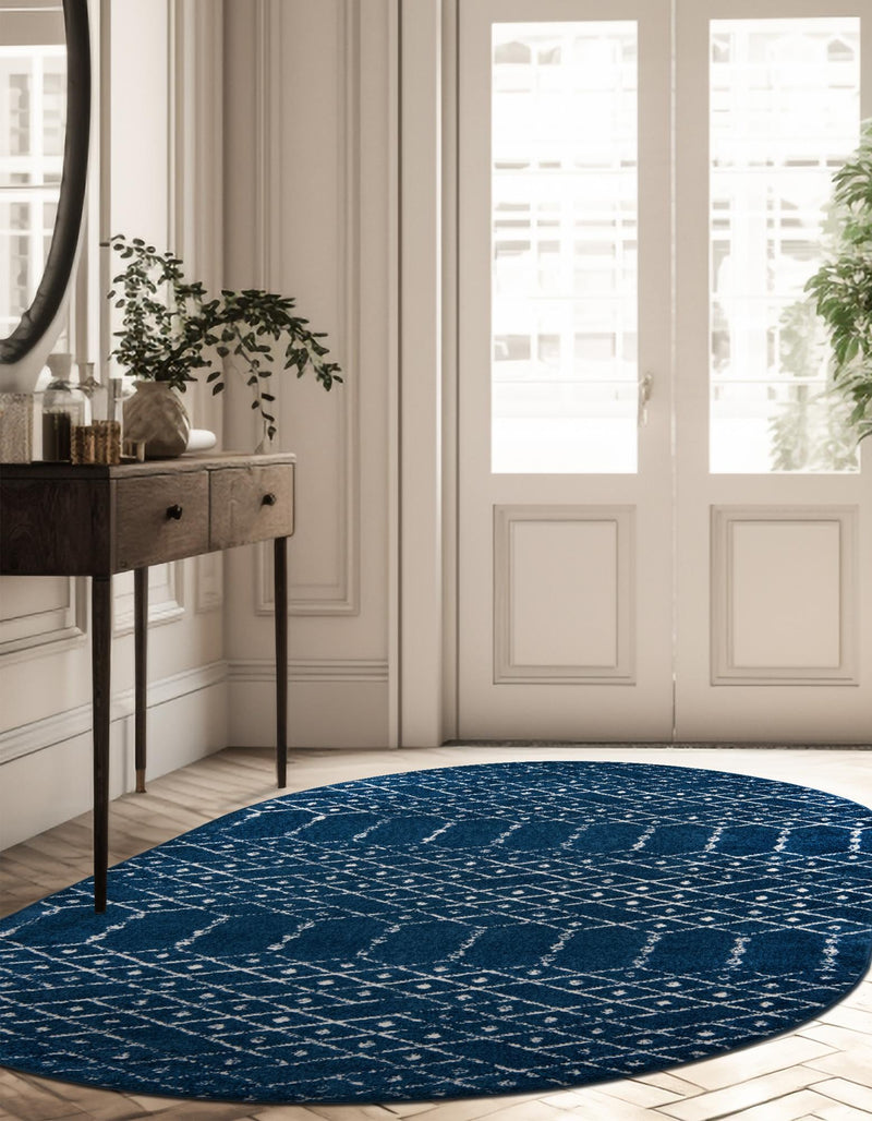 Marrakesh Lattice Collection Area Rug - Casablanca (Navy Blue) Oval Navy Blue  lifestyle 39