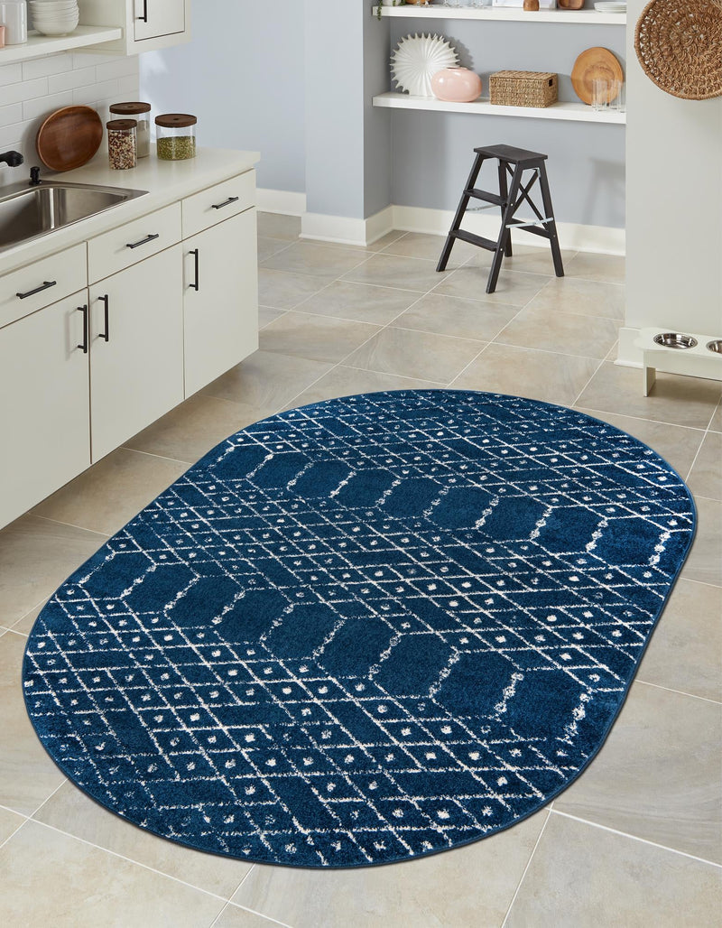 Marrakesh Lattice Collection Area Rug - Casablanca (Navy Blue) Oval Navy Blue  lifestyle 49