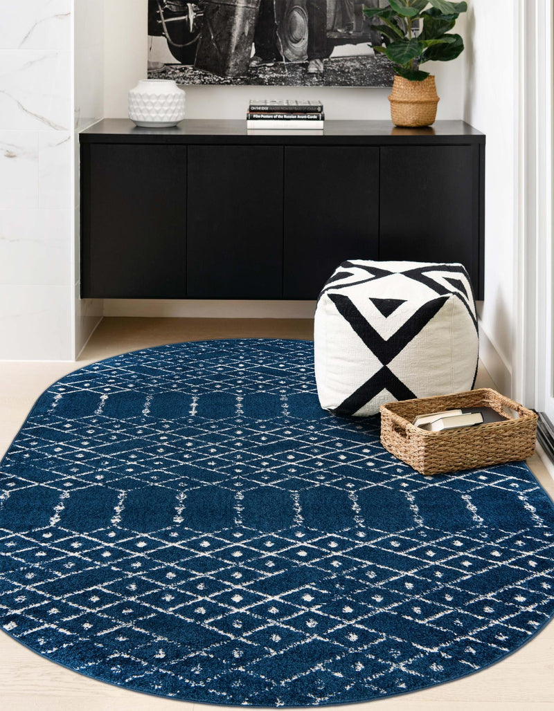 Marrakesh Lattice Collection Area Rug - Casablanca (Navy Blue) Oval Navy Blue  lifestyle 53