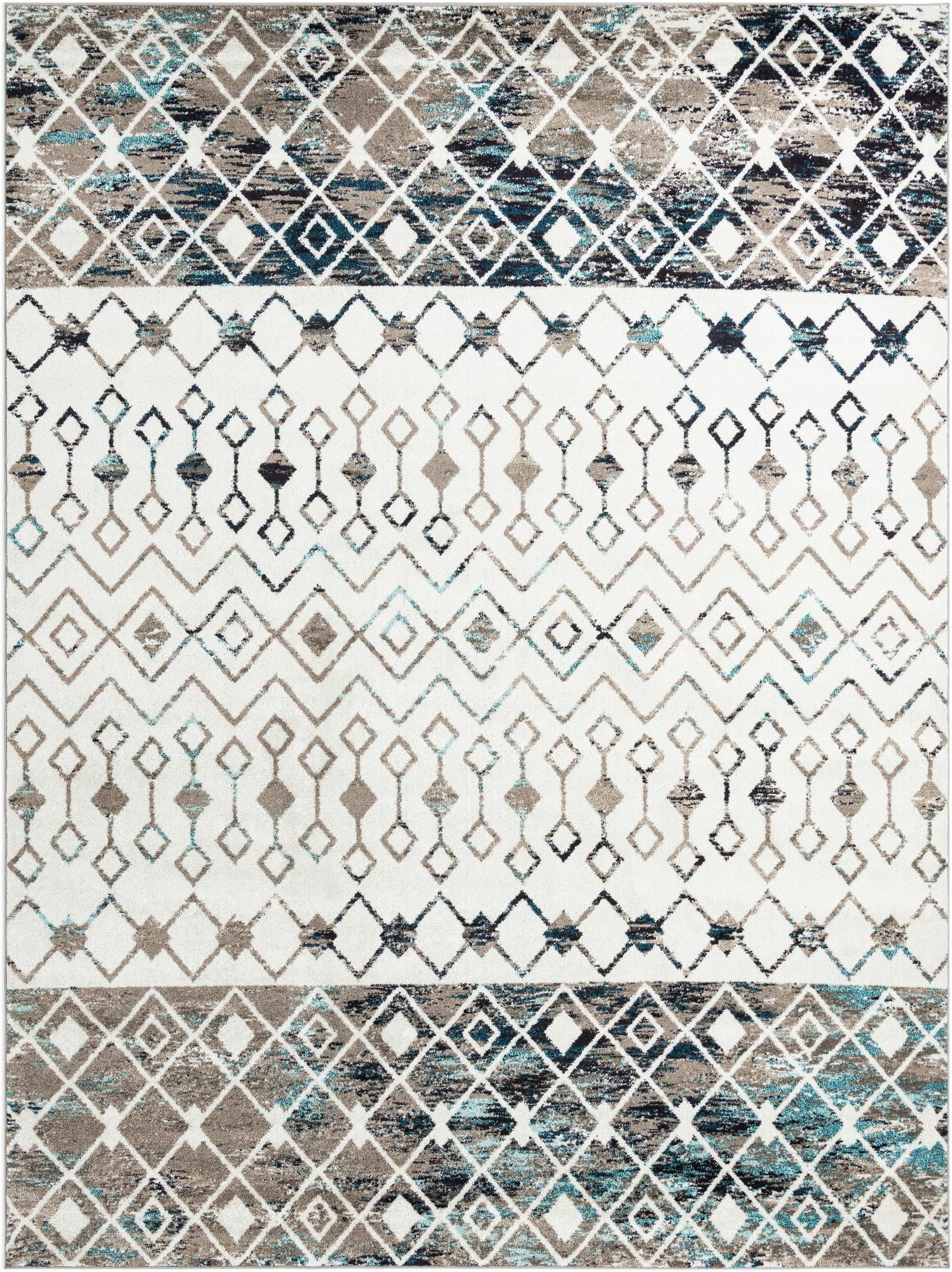 Mediterranean Lattice Collection Area Rug -  Casablanca (Ivory Gray Blue)