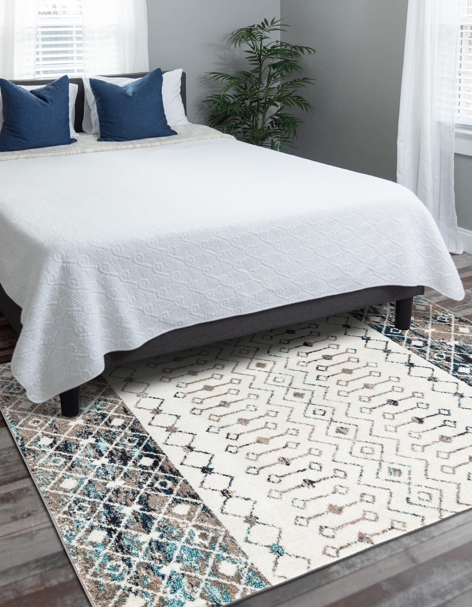 Mediterranean Lattice Collection Area Rug -  Casablanca (Ivory Gray Blue)