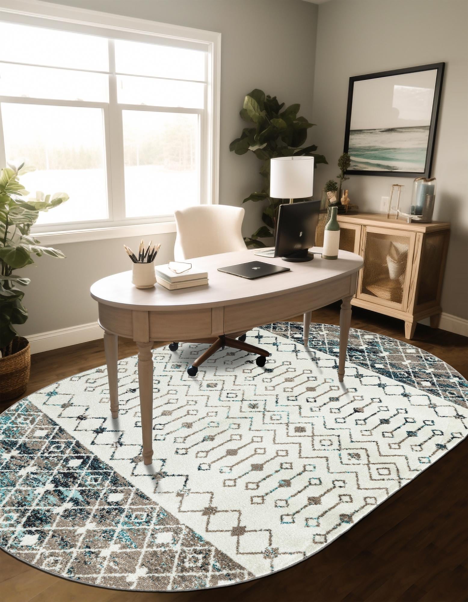 Mediterranean Lattice Collection Area Rug -  Casablanca (Ivory Gray Blue)