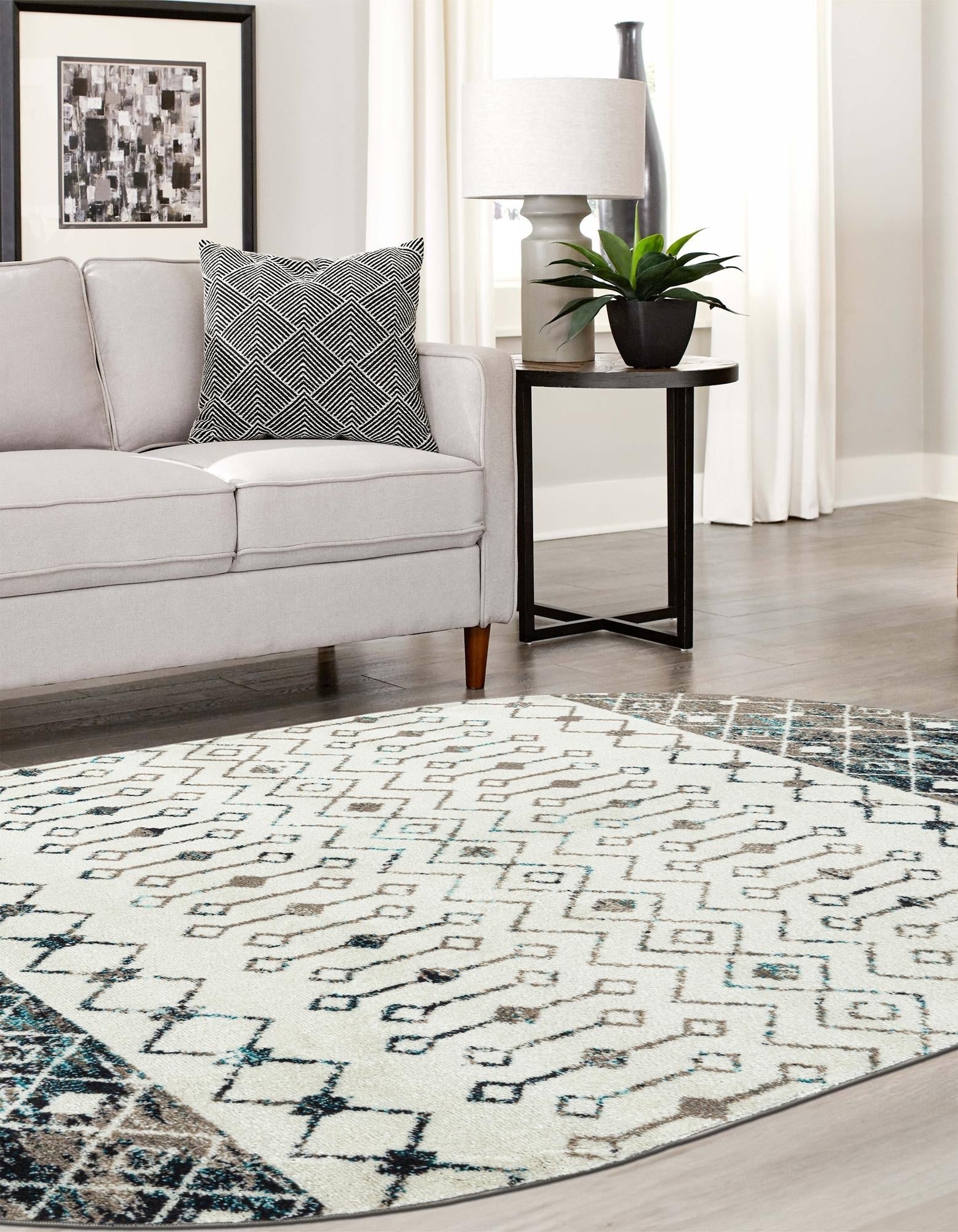 Mediterranean Lattice Collection Area Rug -  Casablanca (Ivory Gray Blue)