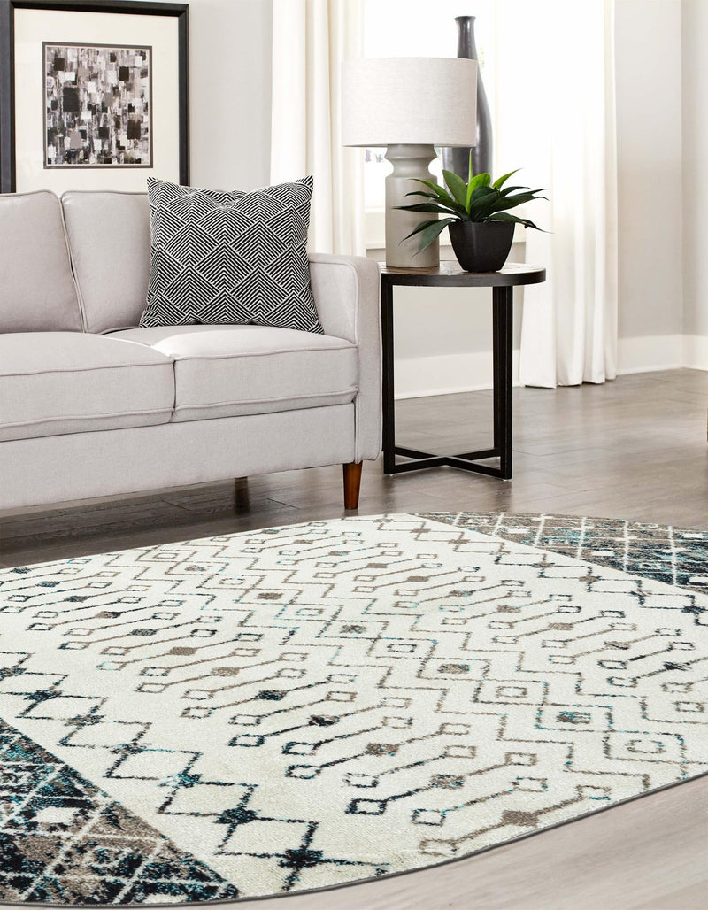 Mediterranean Lattice Collection Area Rug -  Casablanca (Ivory Gray Blue) Oval Ivory Gray Blue  lifestyle 11