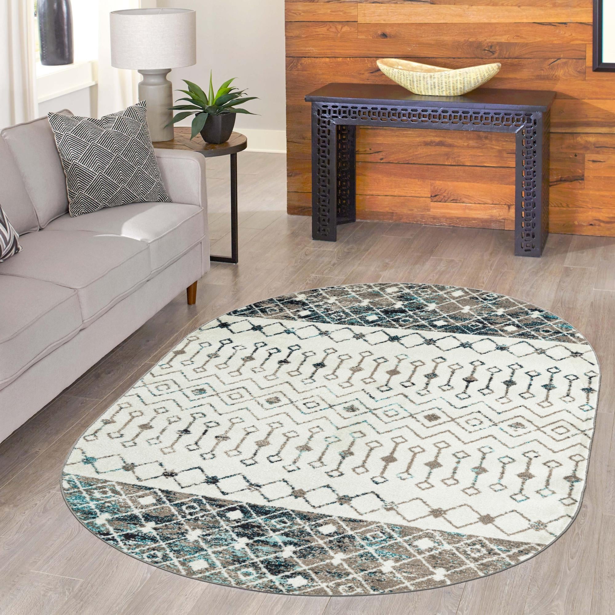 Mediterranean Lattice Collection Area Rug -  Casablanca (Ivory Gray Blue)