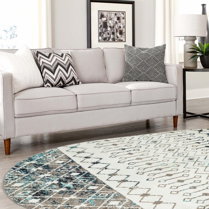 Mediterranean Lattice Collection Area Rug -  Casablanca (Ivory Gray Blue) Oval Ivory Gray Blue  lifestyle 23