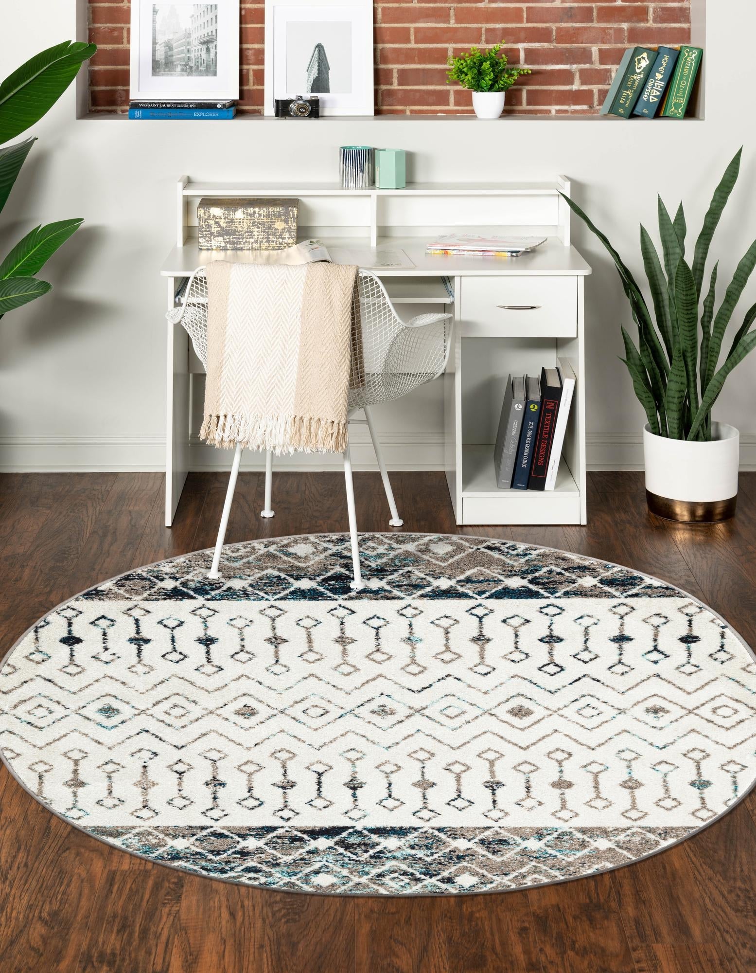 Mediterranean Lattice Collection Area Rug -  Casablanca (Ivory Gray Blue)