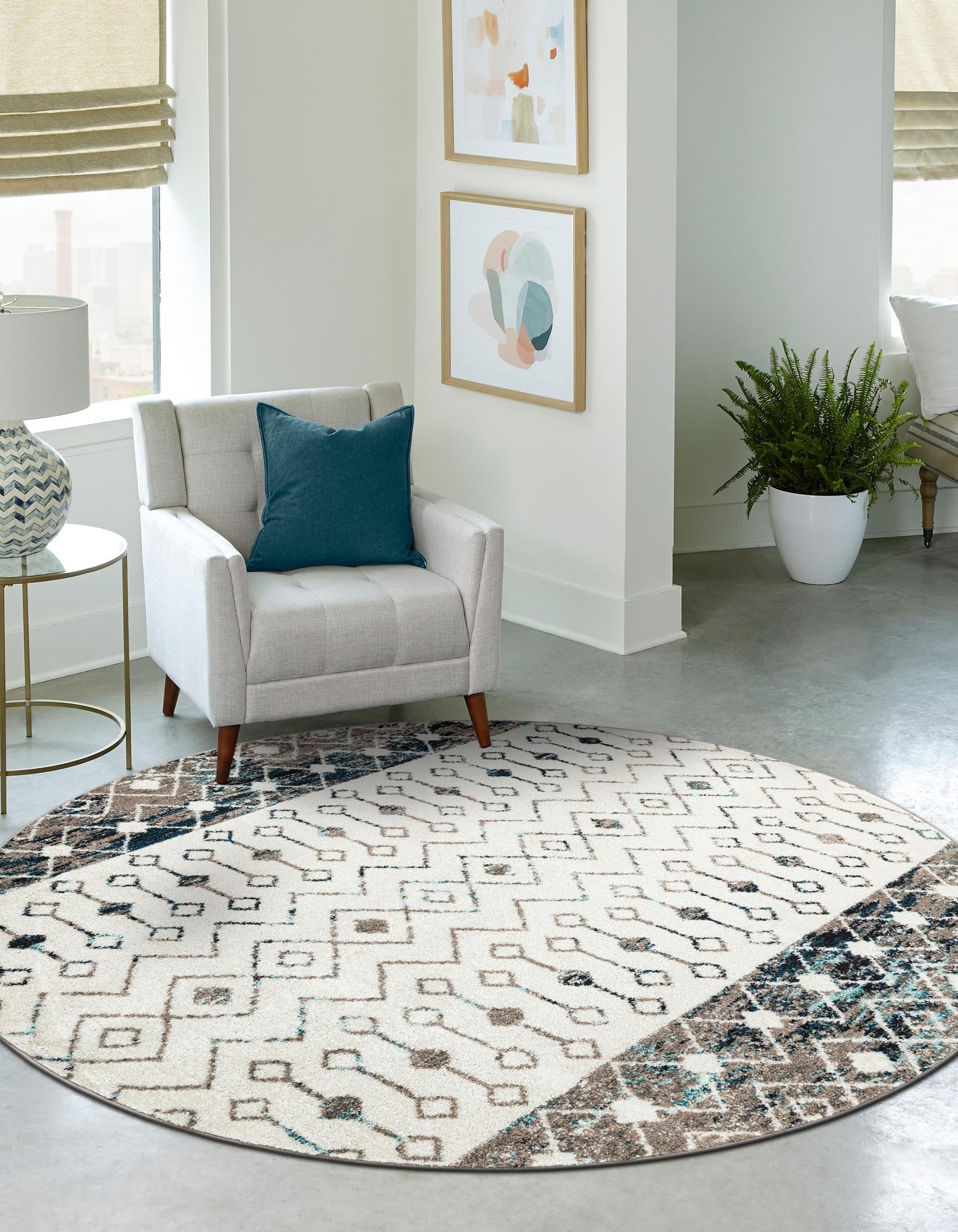 Mediterranean Lattice Collection Area Rug -  Casablanca (Ivory Gray Blue)