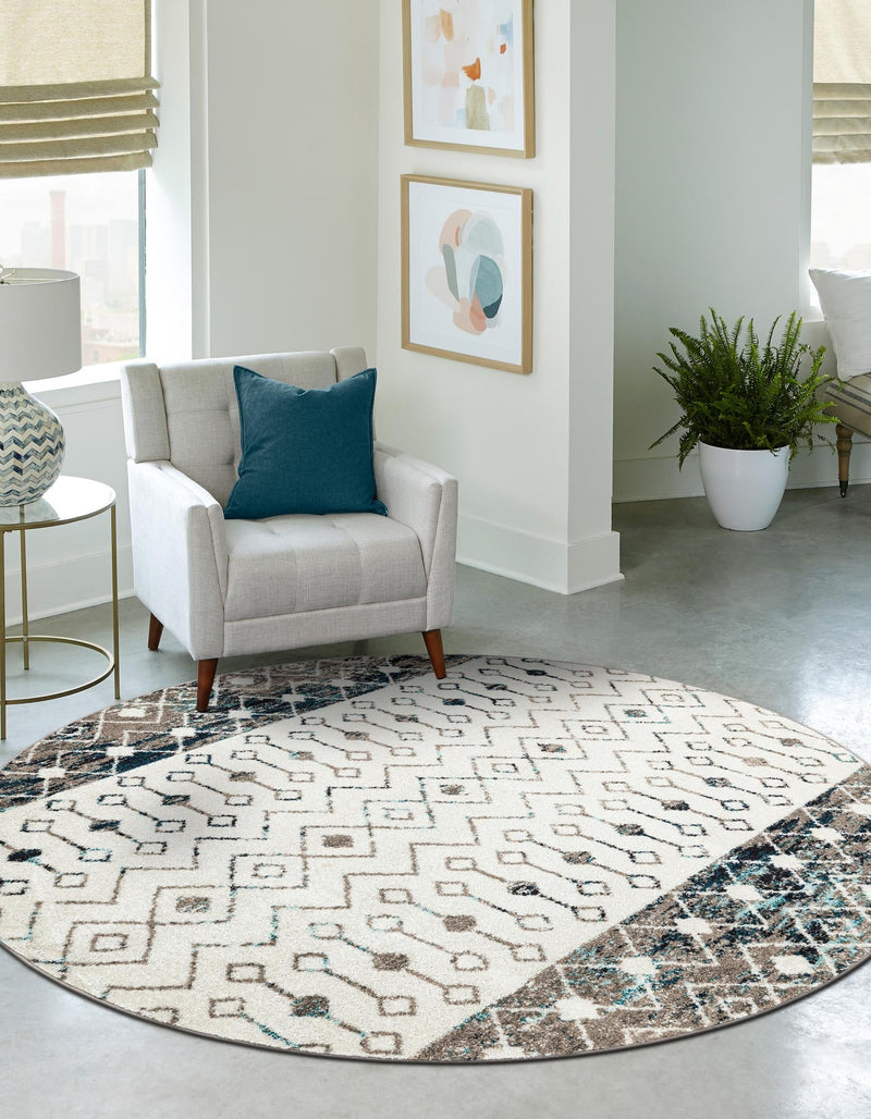 Mediterranean Lattice Collection Area Rug -  Casablanca (Ivory Gray Blue) Round Ivory Gray Blue  lifestyle 31