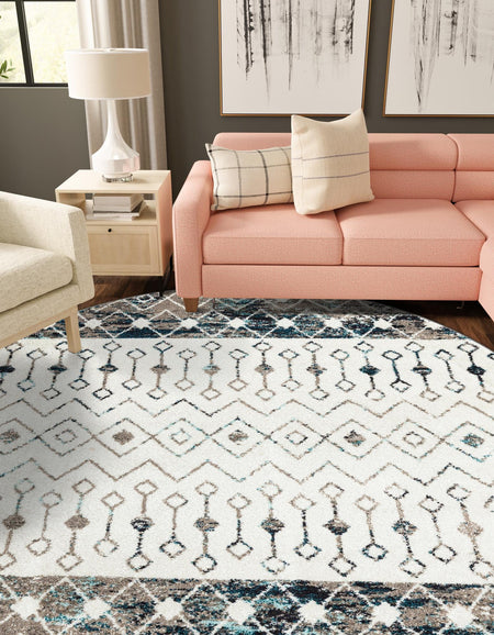 Mediterranean Lattice Collection Area Rug -  Casablanca (Ivory Gray Blue)