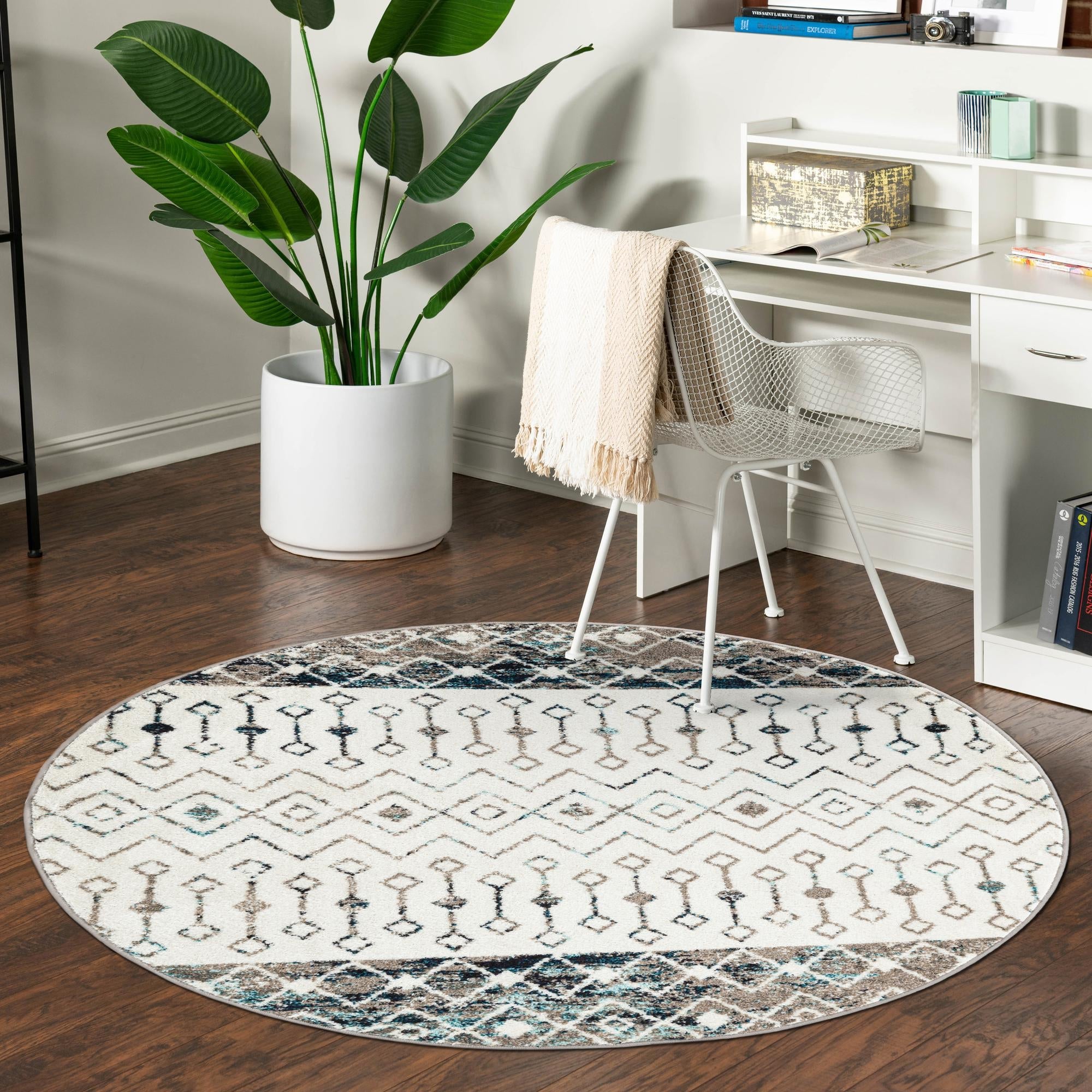 Mediterranean Lattice Collection Area Rug -  Casablanca (Ivory Gray Blue)