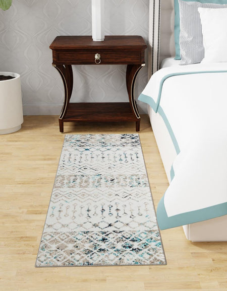 Mediterranean Lattice Collection Area Rug -  Casablanca (Ivory Gray Blue)