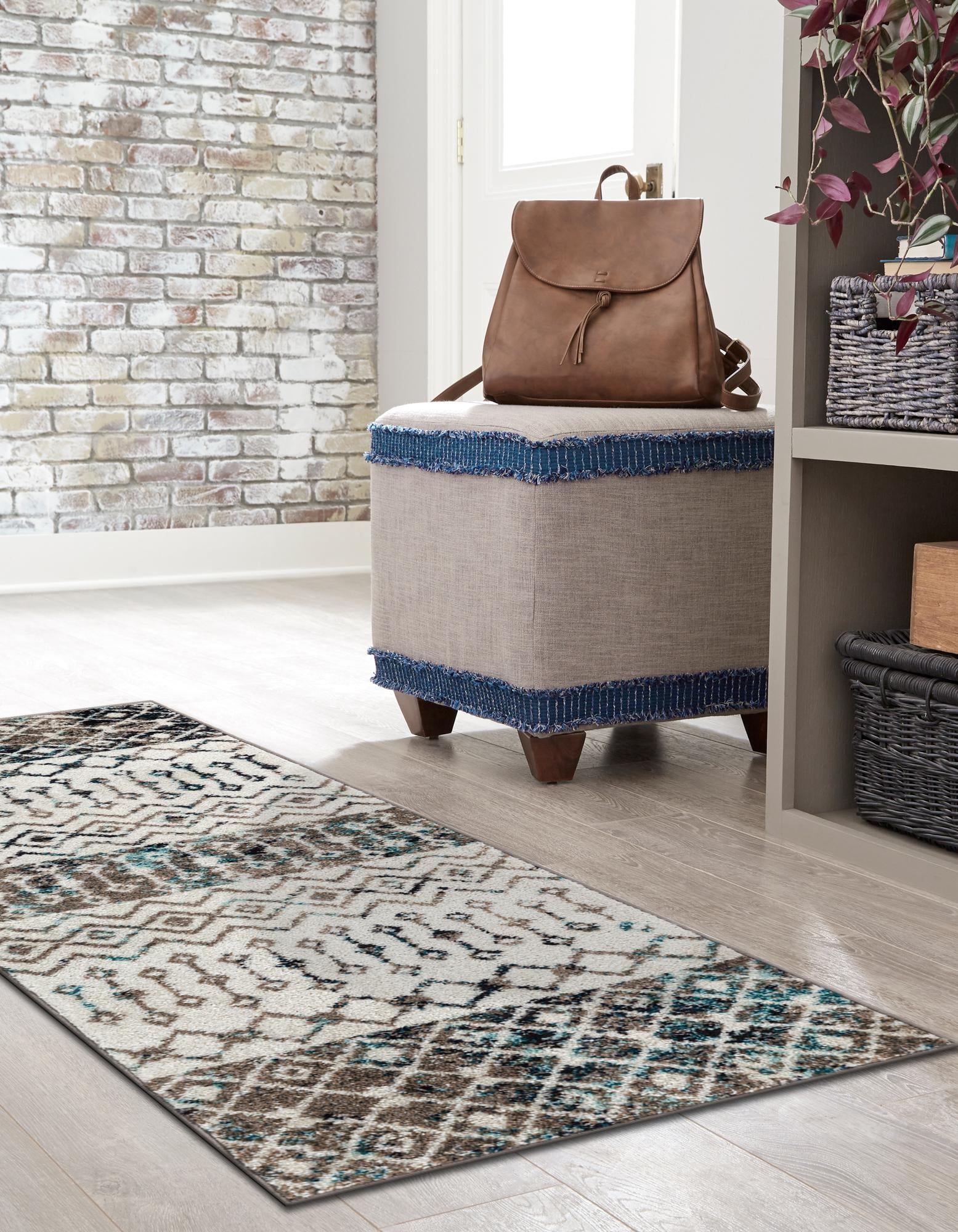 Mediterranean Lattice Collection Area Rug -  Casablanca (Ivory Gray Blue)