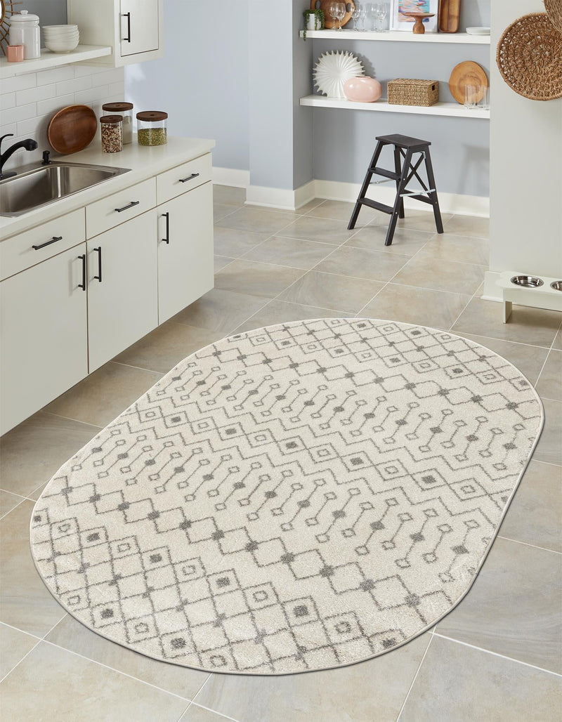 Mediterranean Lattice Collection Area Rug - Santorini (Ivory and Gray) Oval Ivory and Gray  lifestyle 43