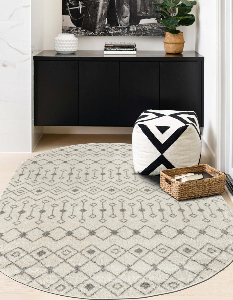 Mediterranean Lattice Collection Area Rug - Santorini (Ivory and Gray) Oval Ivory and Gray  lifestyle 49