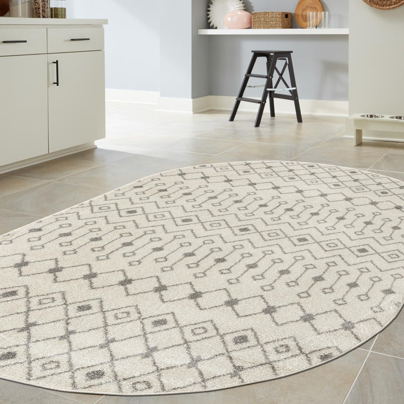 Mediterranean Lattice Collection Area Rug - Santorini (Ivory and Gray) Oval Ivory and Gray  lifestyle 13