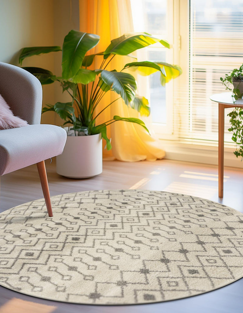 Mediterranean Lattice Collection Area Rug - Santorini (Ivory and Gray) Round Ivory and Gray  lifestyle 38