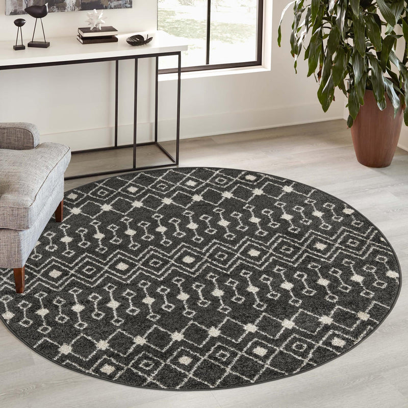 Mediterranean Lattice Collection Area Rug - Santorini (Dark Gray) Round Dark Gray  lifestyle 13