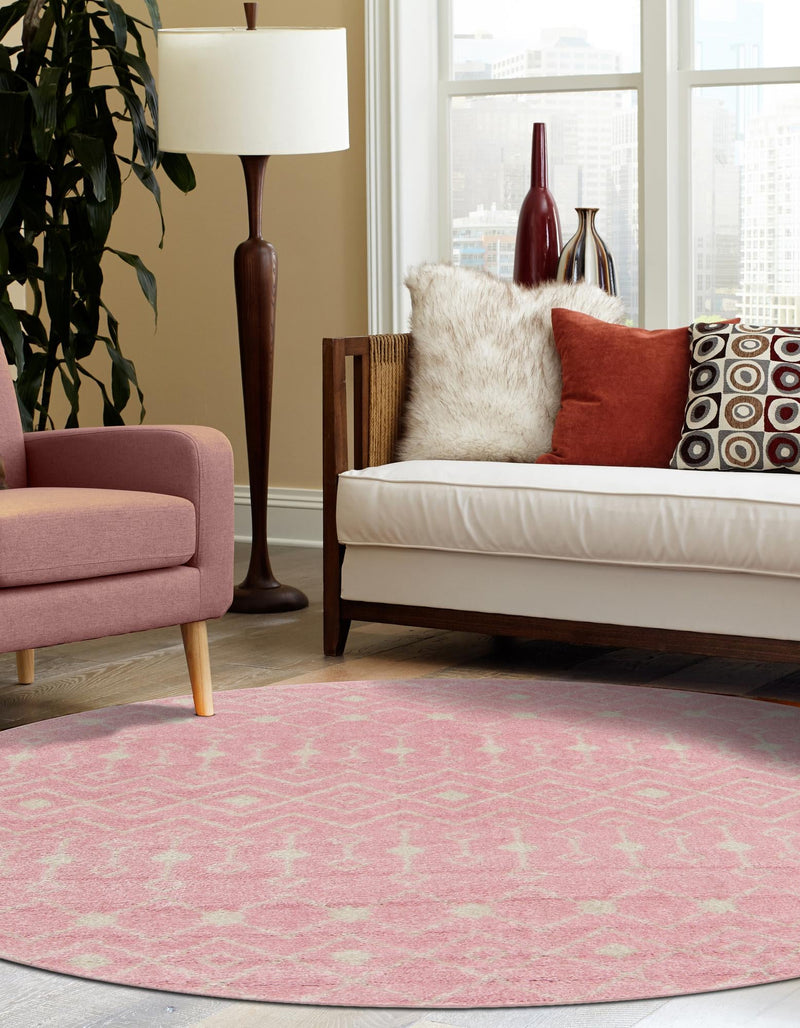 Mediterranean Lattice Collection Area Rug - Santorini (Pink) Round Pink  lifestyle 37