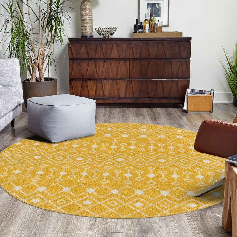 Mediterranean Lattice Collection Area Rug - Santorini (Yellow) Round Yellow  lifestyle 16