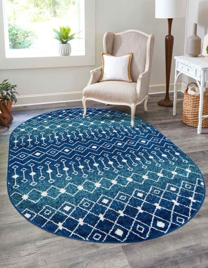 Mediterranean Lattice Collection Area Rug - Santorini (Navy and Teal) Oval Navy and Teal  lifestyle 0