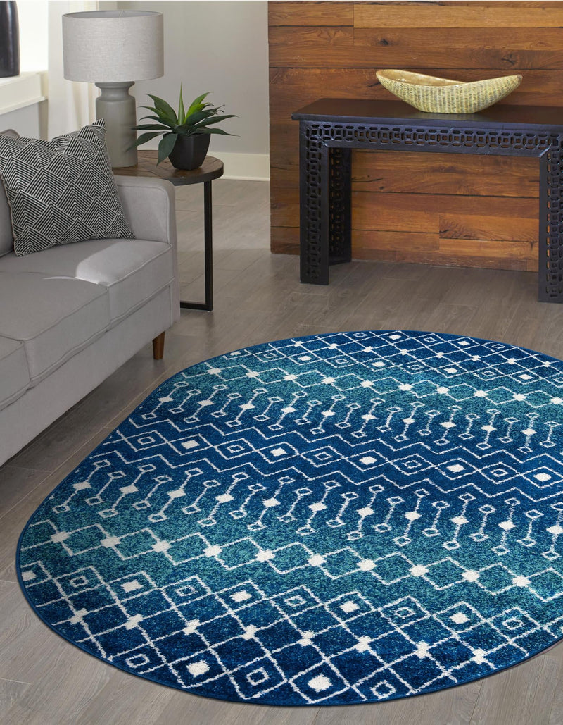 Mediterranean Lattice Collection Area Rug - Santorini (Navy and Teal) Oval Navy and Teal  lifestyle 7